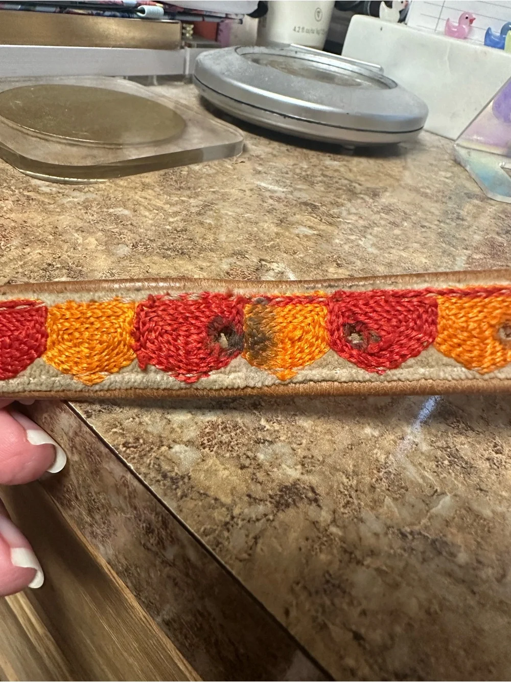 Embroidered Leather Dog Collar with Orange & Red Hearts